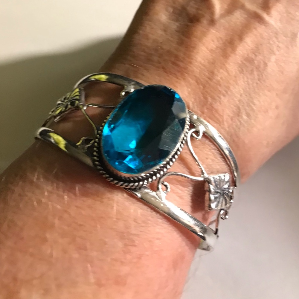 Blue Topaz Stamped 925 Sterling Silver Cuff Bracelet